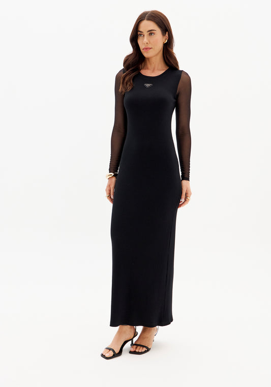 Sheer Sleeve Ribbed Maxi Dress