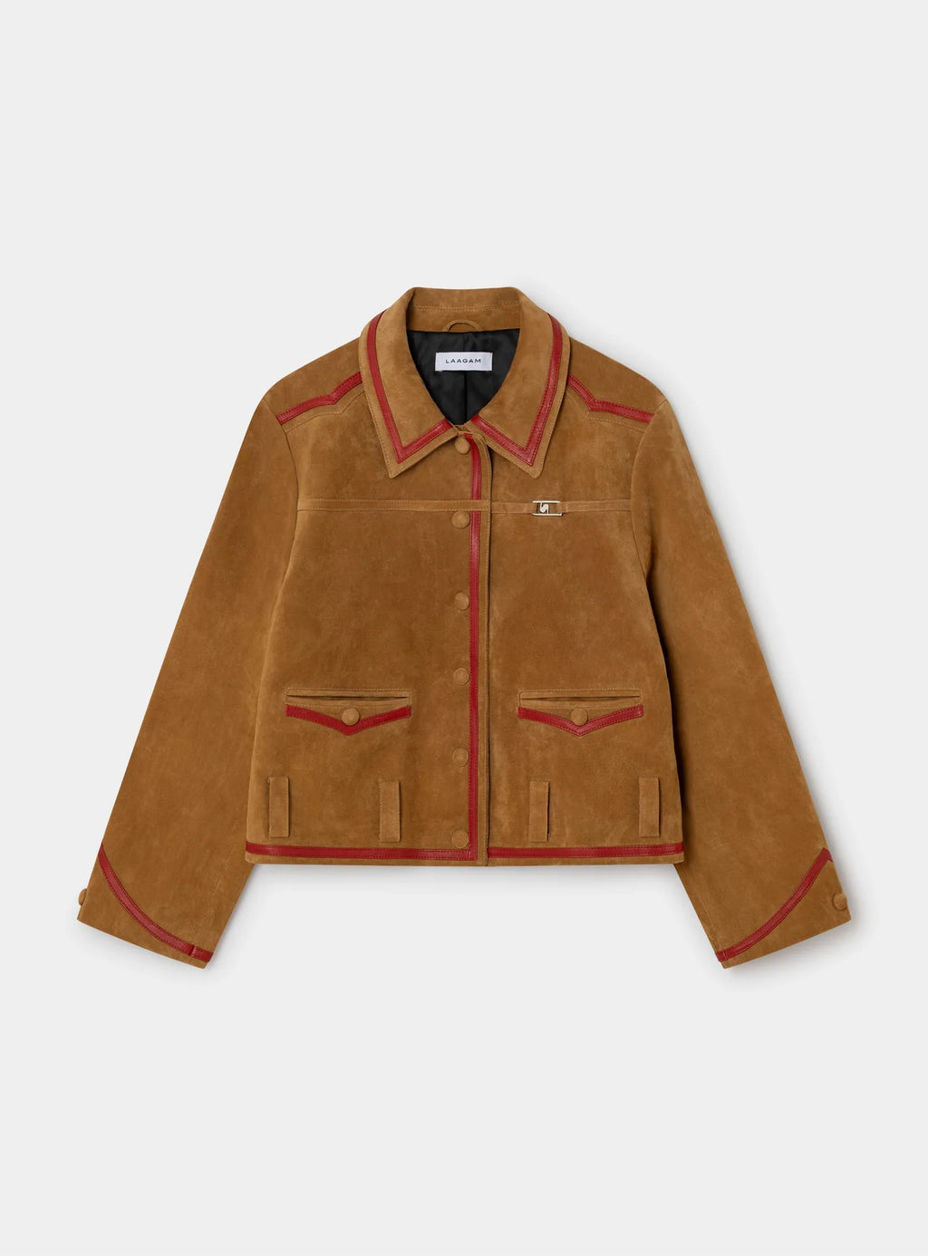 The LAAGAM Aveline camel suede jacket shown on its own: red napa piping, snap fastening and black lining.