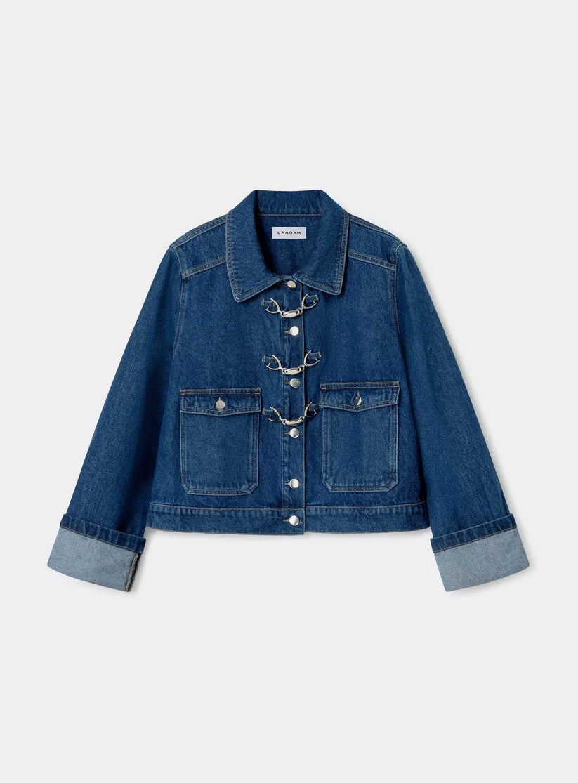 Dalston Indigo Denim Jacket by LAAGAM on a plain background