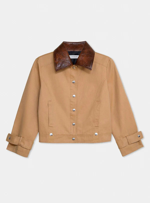 Tan jacket with brown leather collar on a white background