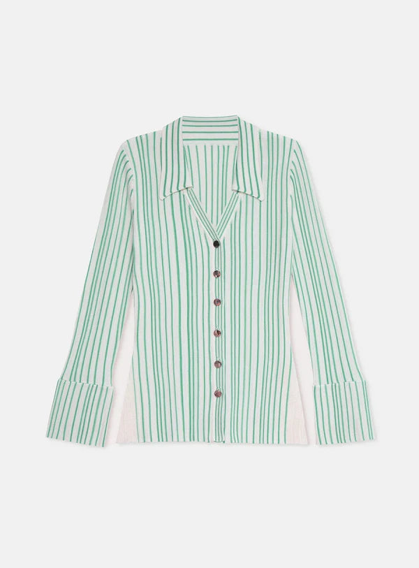 Green and white striped shirt on a light gray background