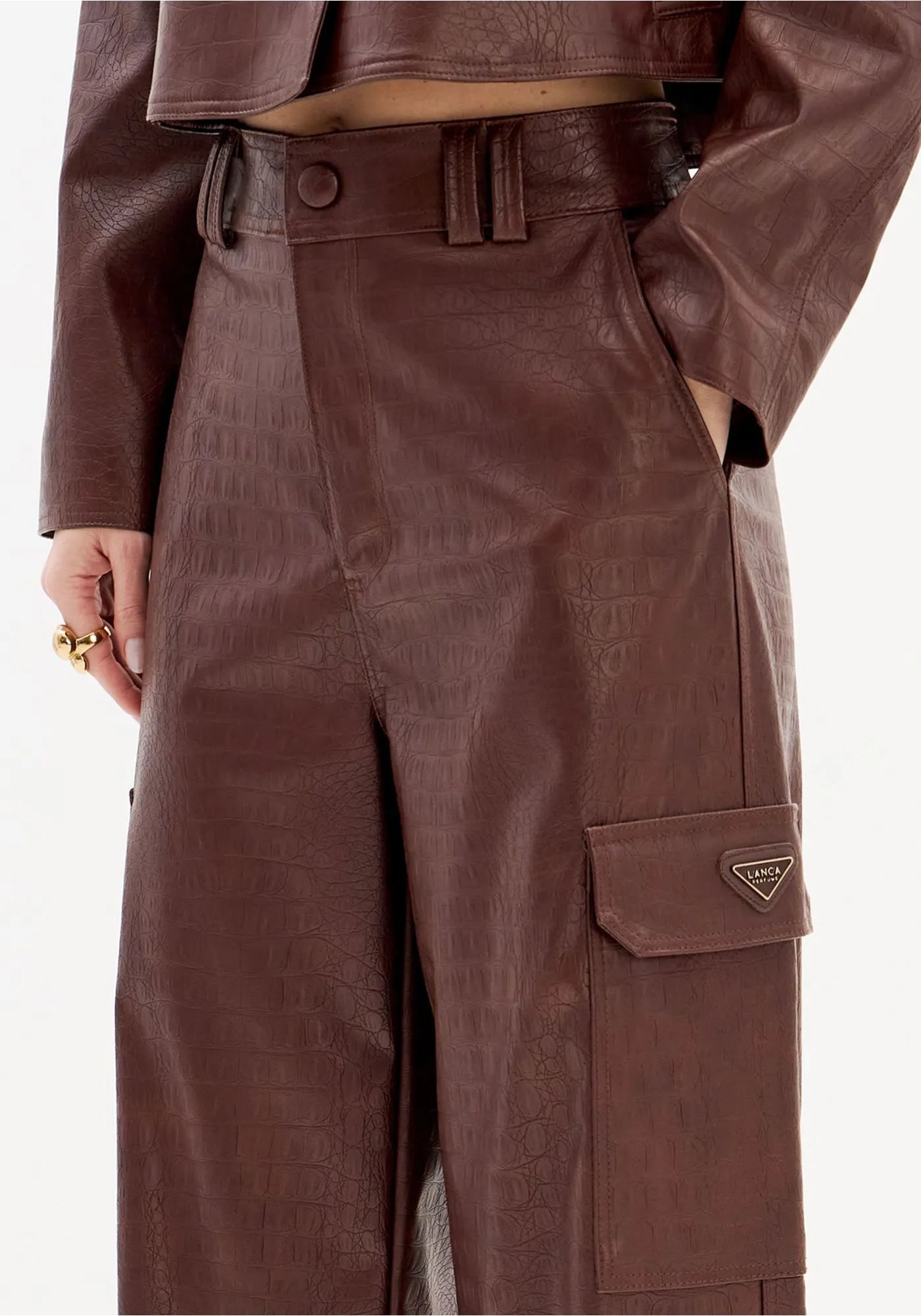 High-Waisted Croco PU Cargo Pants