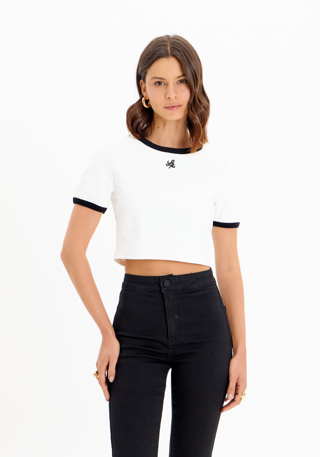 Cropped Short-Sleeve Blouse with Embroidery