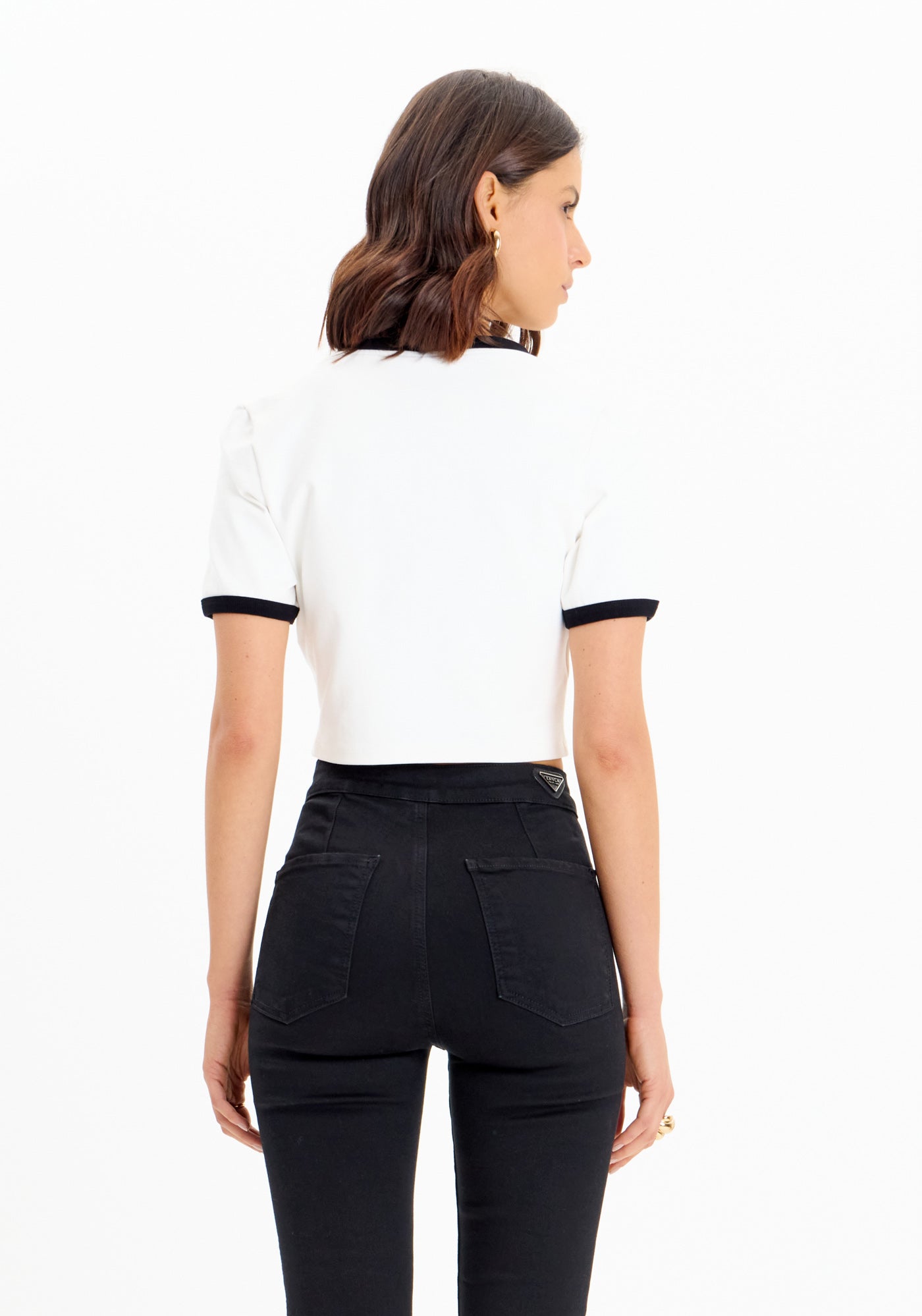 Cropped Short-Sleeve Blouse with Embroidery