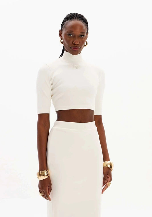Ribbed Cropped Blouse with Embroidery