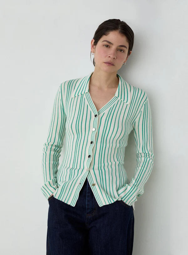 Woman wearing a green and white striped shirt against a plain background