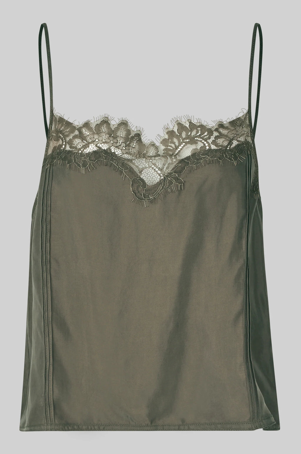 Green satin top with lace trim on a gray background