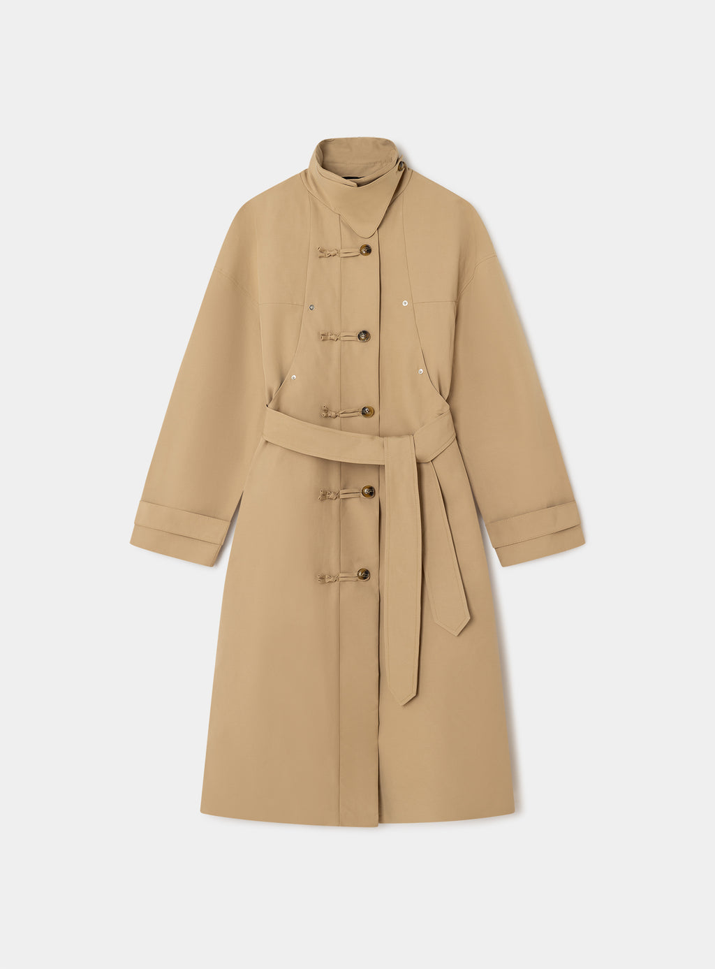 The LAAGAM Antwerp camel trench shown on its own: stand collar, knotted toggle front, self belt and buttoned cuff tabs.