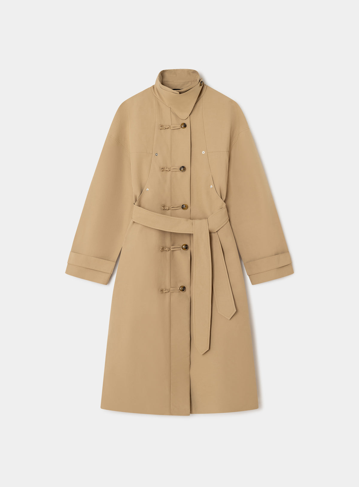 The LAAGAM Antwerp camel trench shown on its own: stand collar, knotted toggle front, self belt and buttoned cuff tabs.