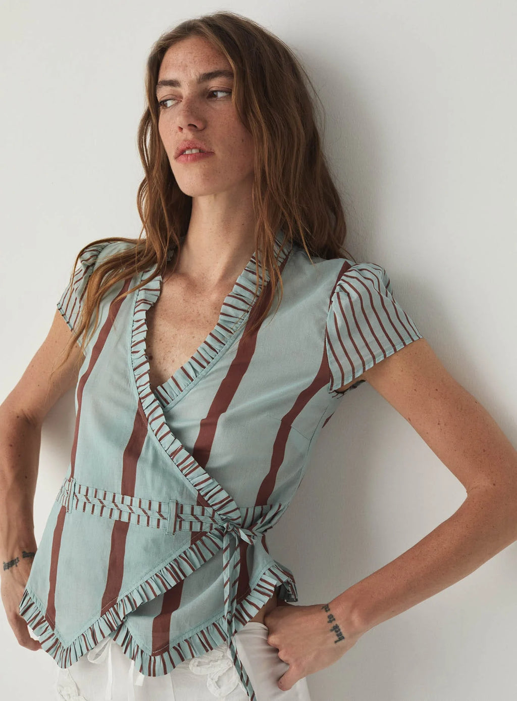 ATENA TURQUOISE STRIPED WRAP BLOUSE