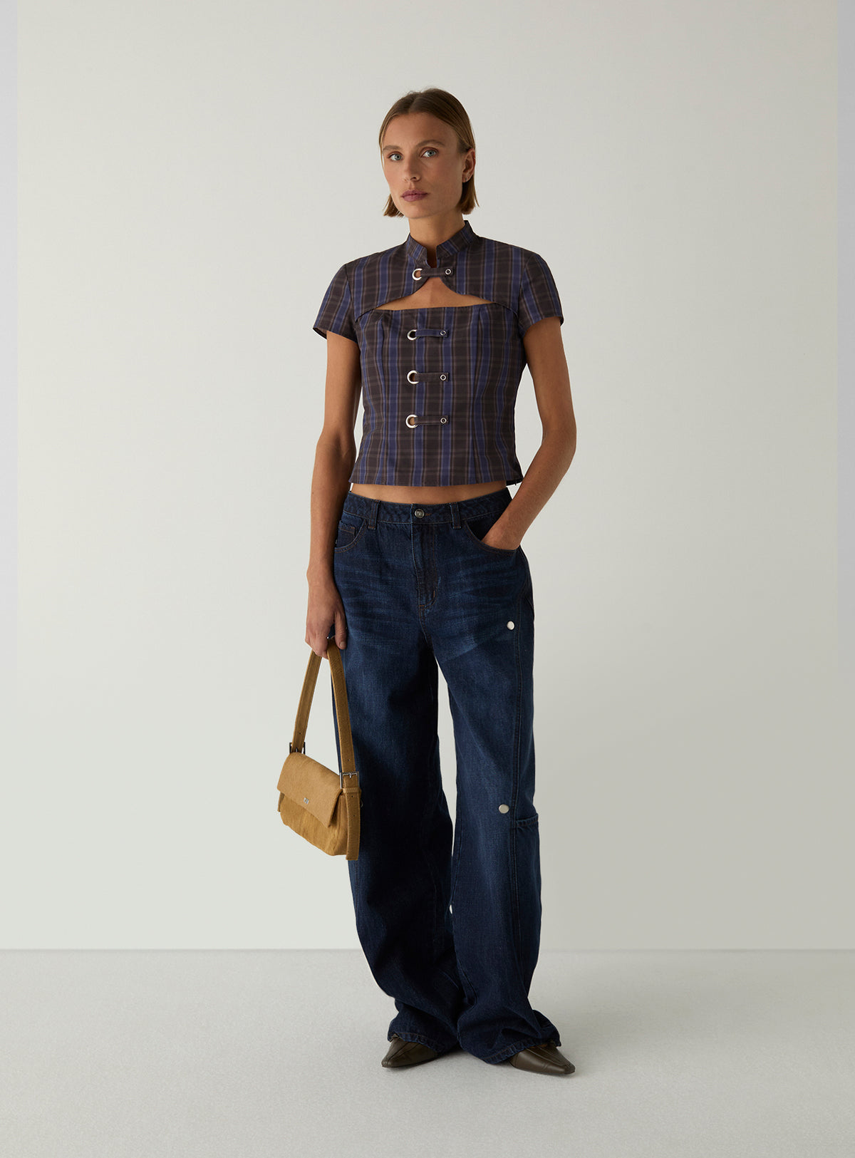 Azura Brown Squared Top by LAAGAM — women's check top at ROCĆO Studio