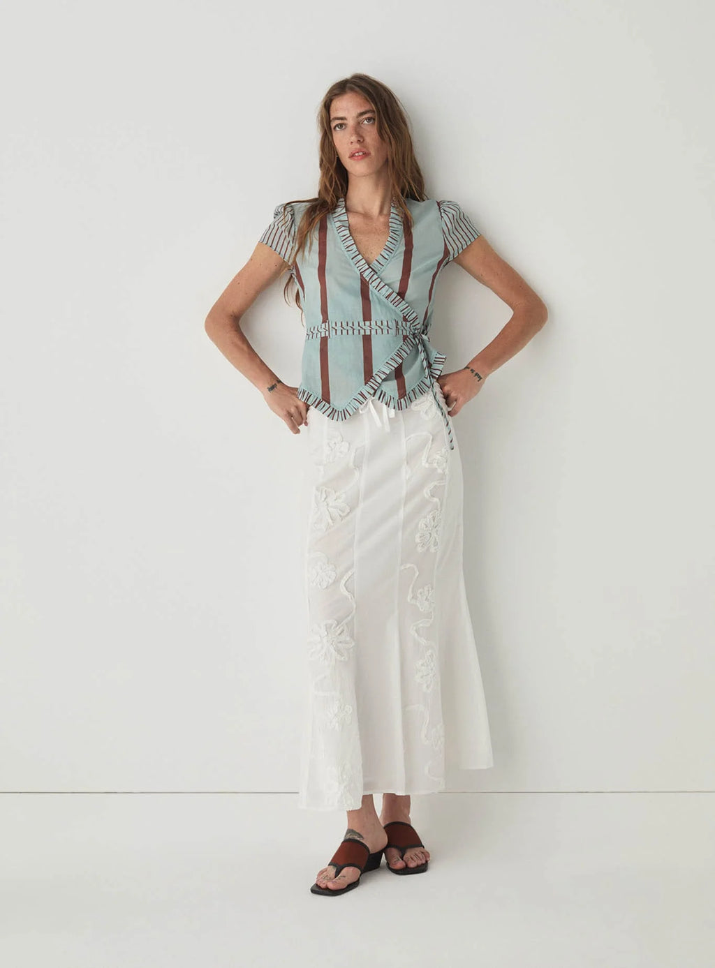 ATENA TURQUOISE STRIPED WRAP BLOUSE