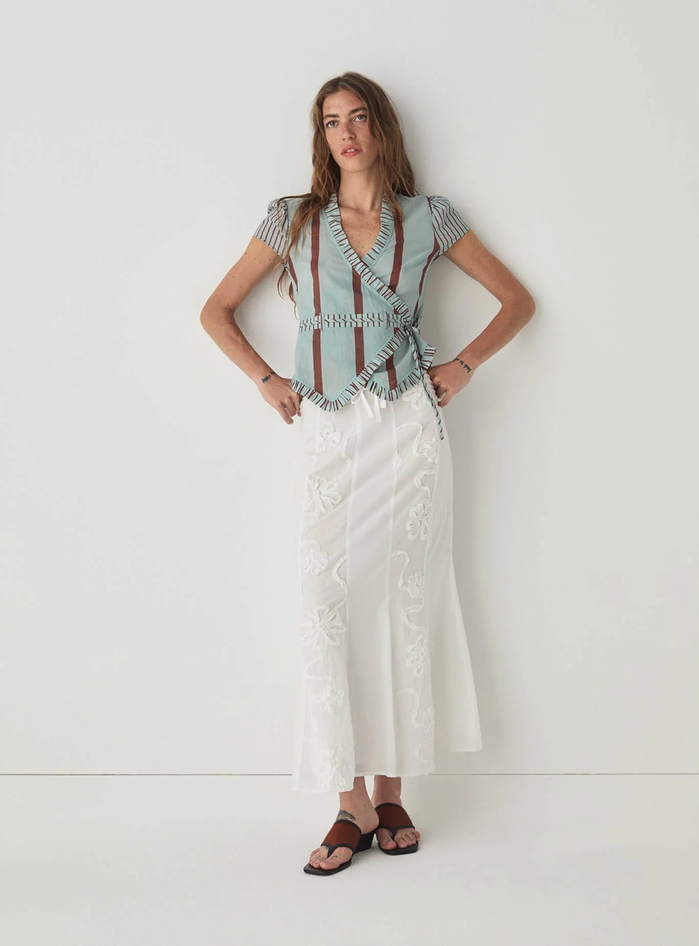 ATENA TURQUOISE STRIPED WRAP BLOUSE