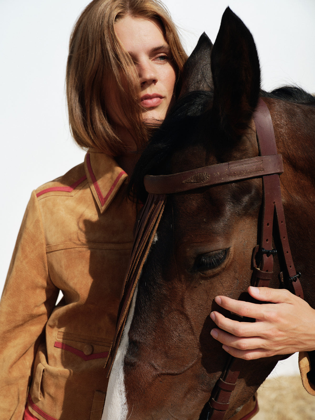 Aveline Camel Suede Jacket by LAAGAM — Monegros campaign, model with horse