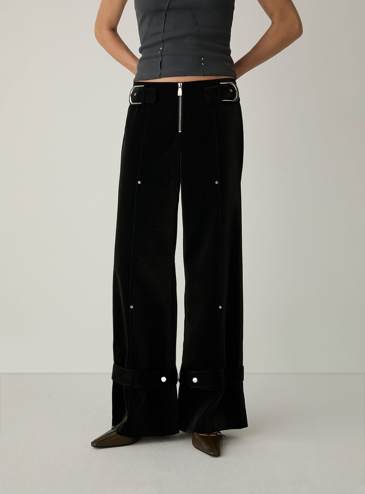 Kaori Black Textured Pants by LAAGAM — women's wide-leg trousers, back detail