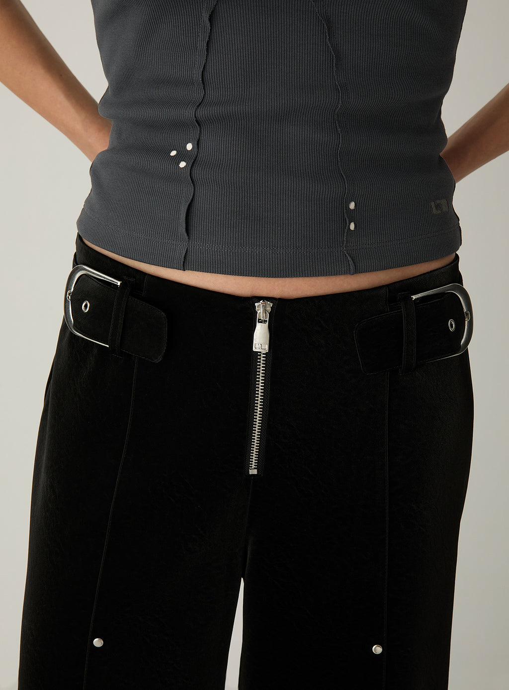 Kaori Black Textured Pants by LAAGAM — women's wide-leg trousers, waist detail