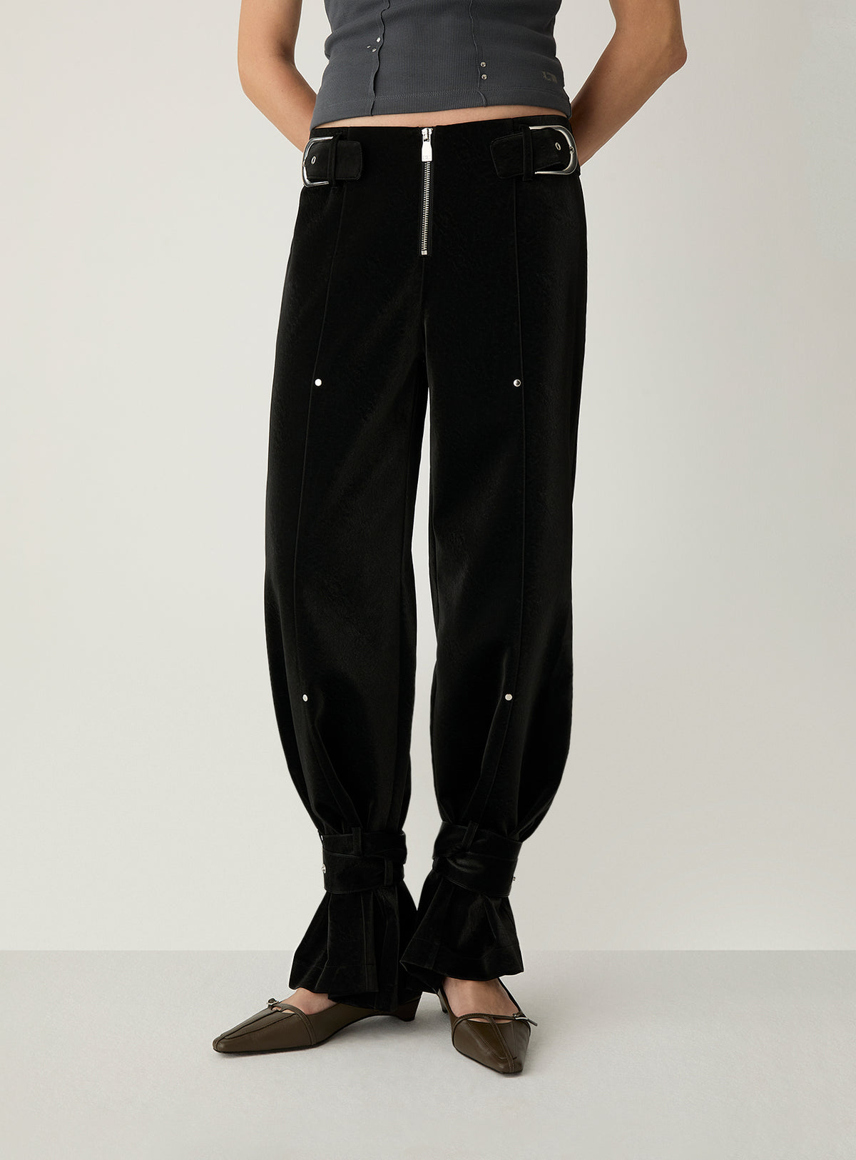 Kaori Black Textured Pants by LAAGAM — women's wide-leg trousers, front detail