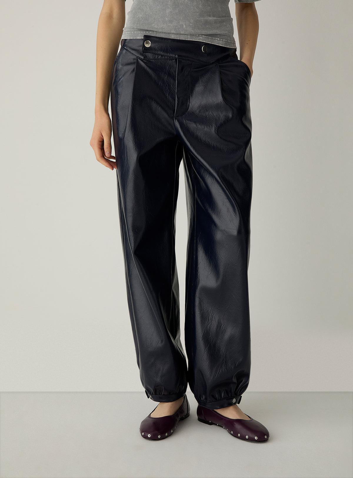 Riley Navy Balloon Pants by LAAGAM — women's wide-leg trousers, front view