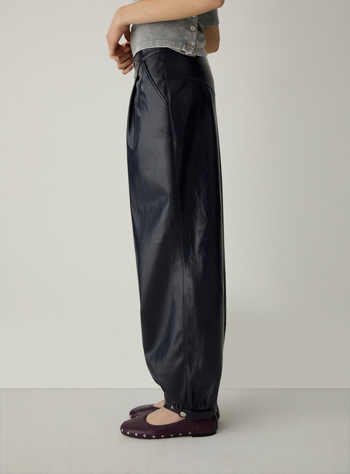 Riley Navy Balloon Pants by LAAGAM — women's wide-leg trousers, front detail