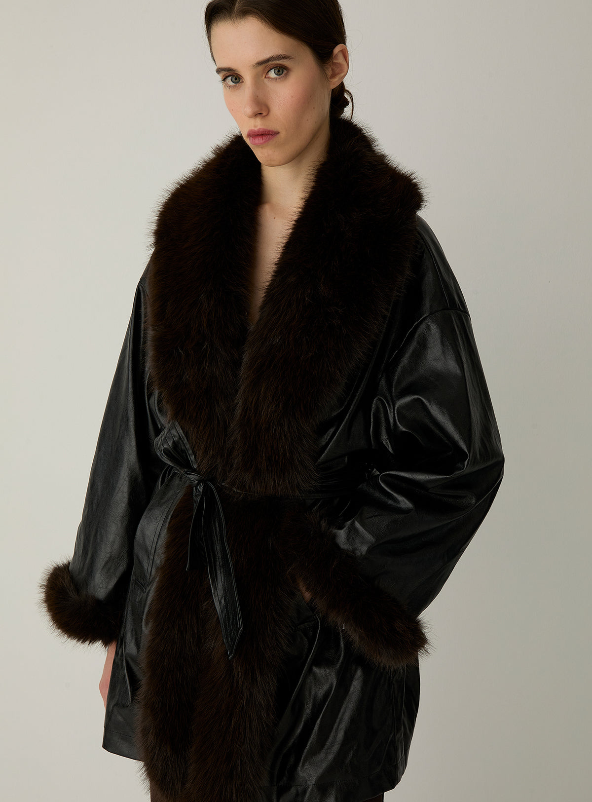 Oriane Black Short Coat by LAAGAM — women's belted short coat, front view