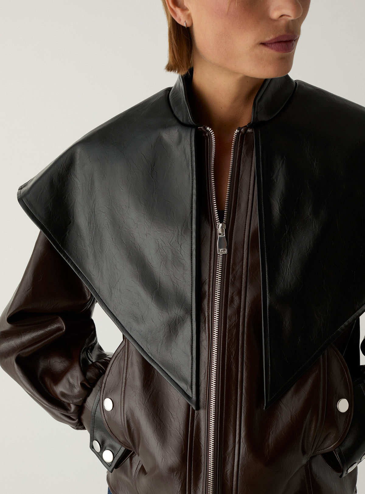 Noor Brown Bomber Jacket by LAAGAM — women's bomber jacket, front view