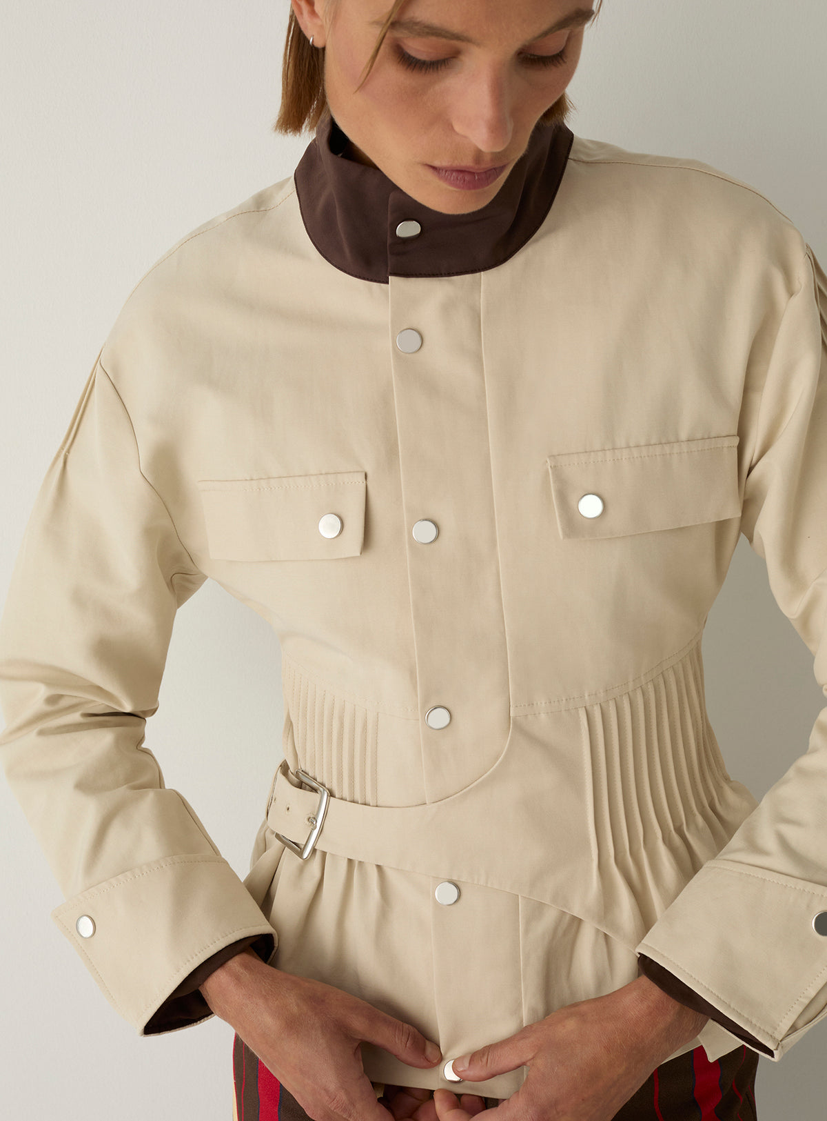 Woman wearing the LAAGAM Orly Ecru Serge Jacket