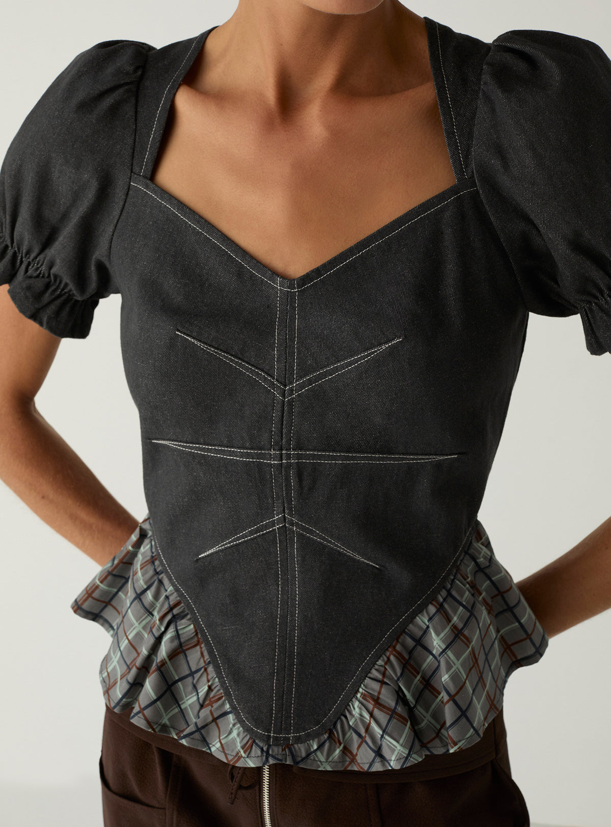 Regina Grey Puff Sleeve Blouse by LAAGAM — women's blouse, front detail