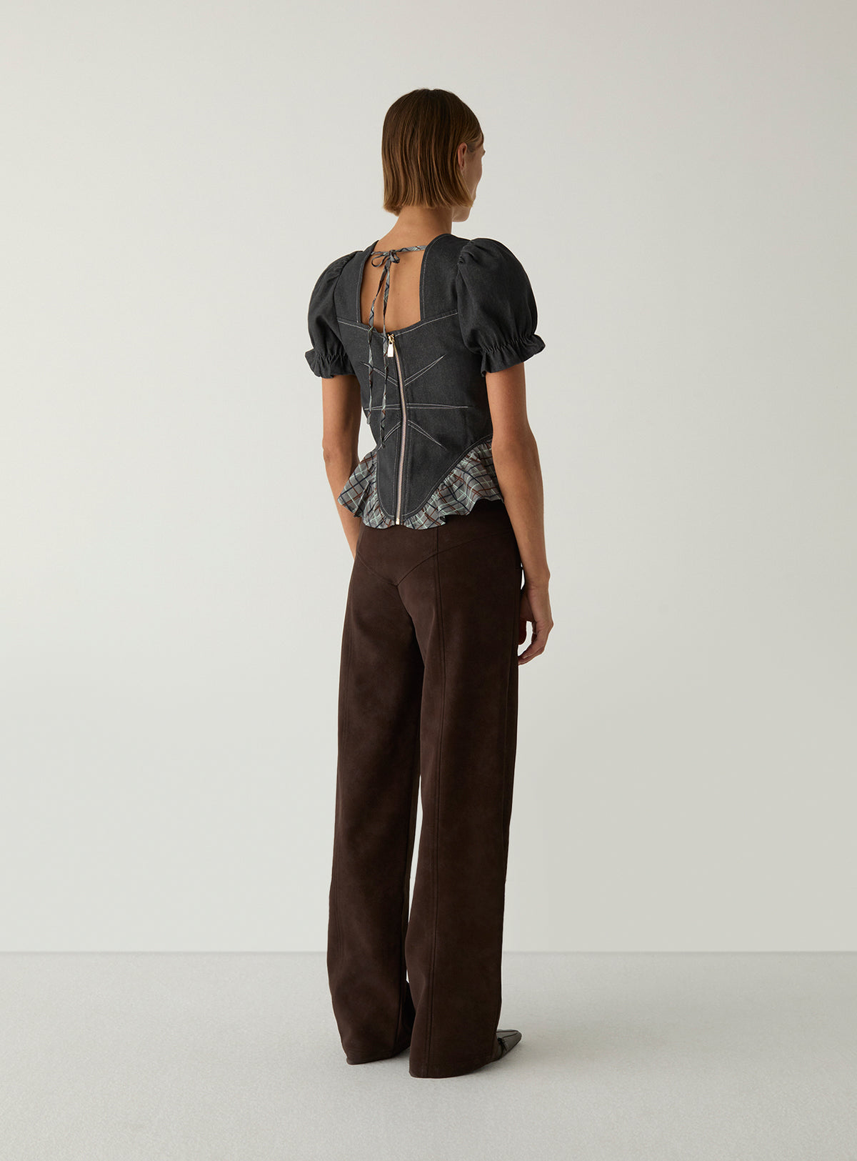 Regina Grey Puff Sleeve Blouse by LAAGAM — women's blouse, back view