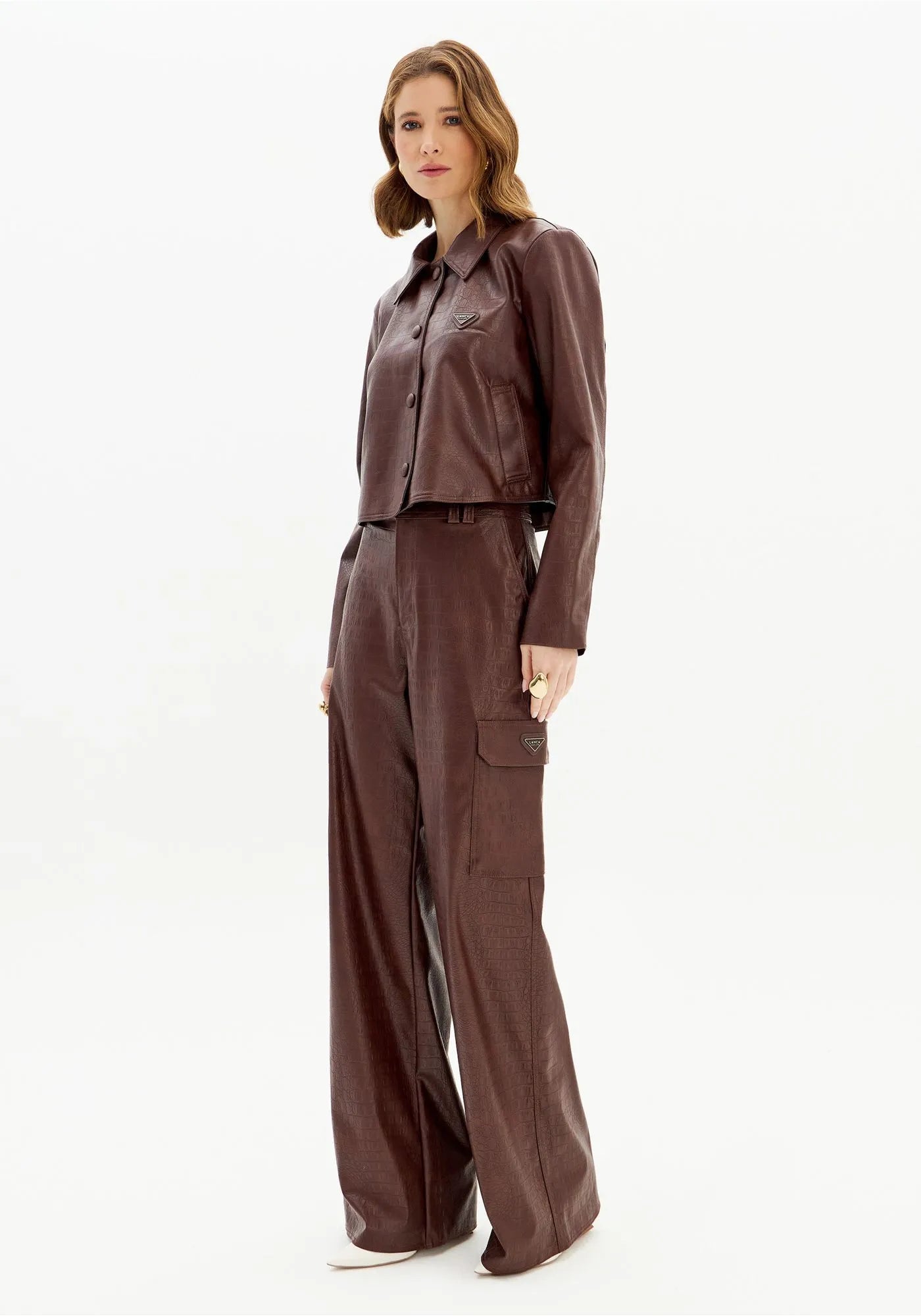High-Waisted Croco PU Cargo Pants