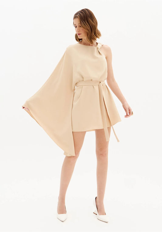 Short One-Sleeve Dress with Waist Tie (Black)