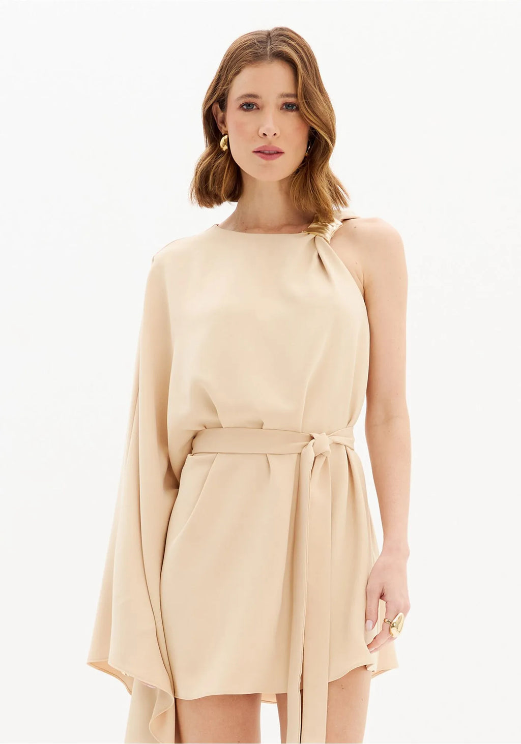 Short One-Sleeve Dress with Waist Tie (Black)