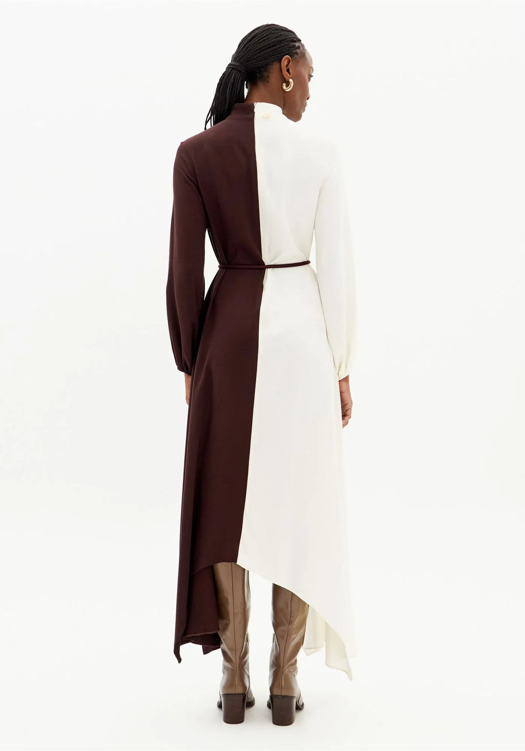 Long Bicolor Dress with Asymmetric Hem and Long Sleeves