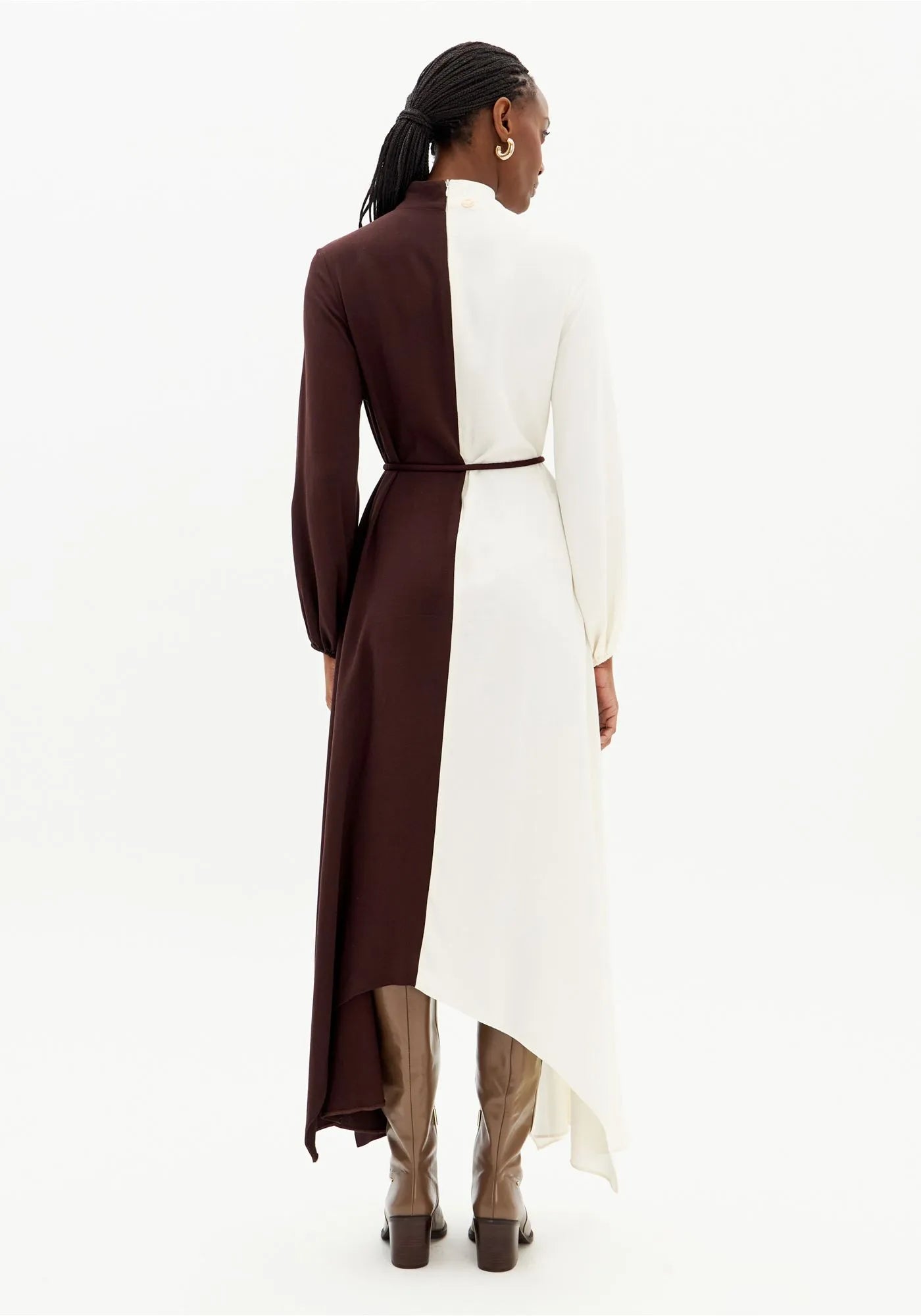 Long Bicolor Dress with Asymmetric Hem and Long Sleeves
