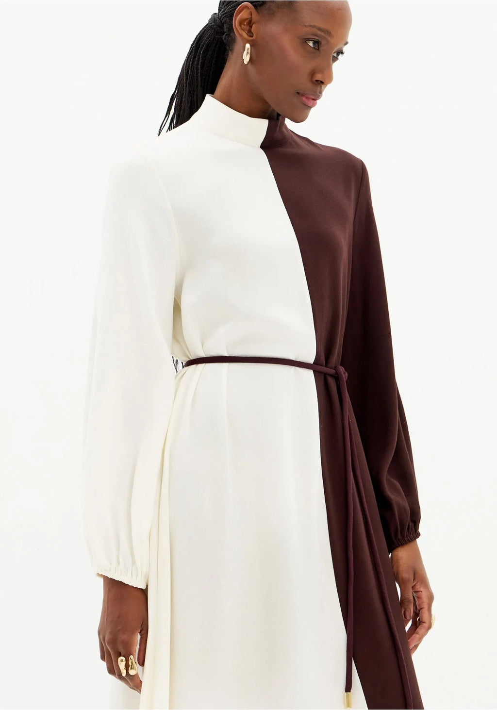 Long Bicolor Dress with Asymmetric Hem and Long Sleeves