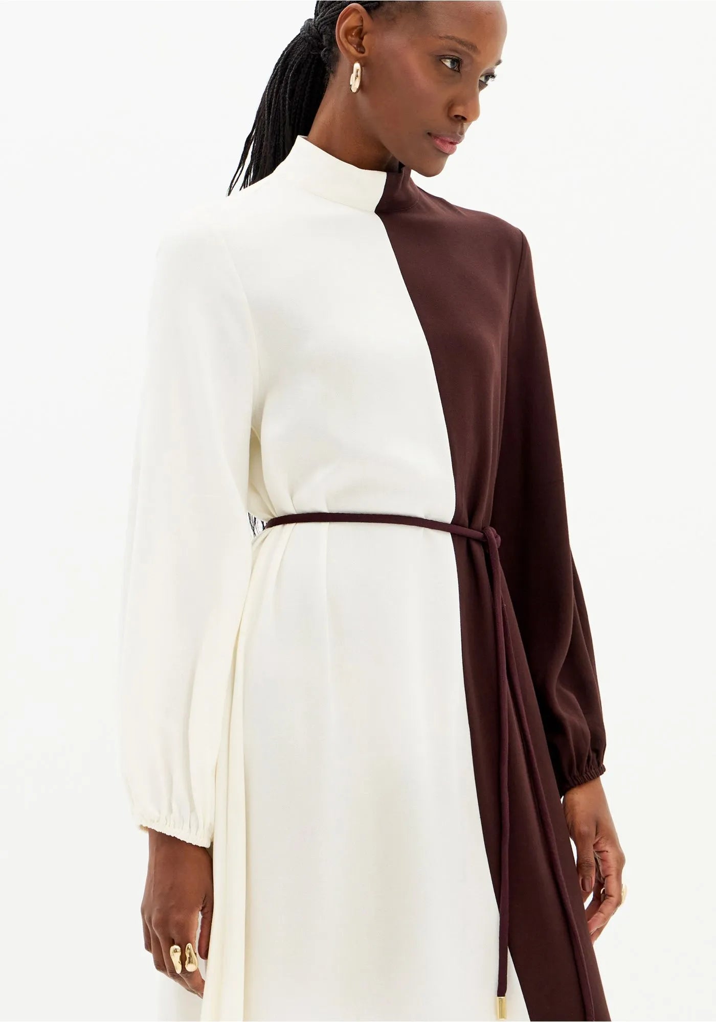 Long Bicolor Dress with Asymmetric Hem and Long Sleeves