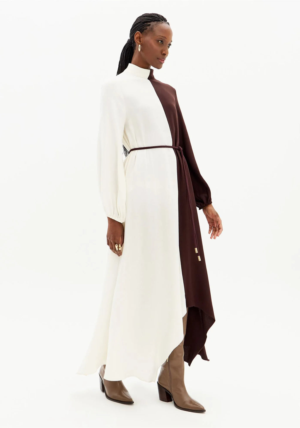 Long Bicolor Dress with Asymmetric Hem and Long Sleeves
