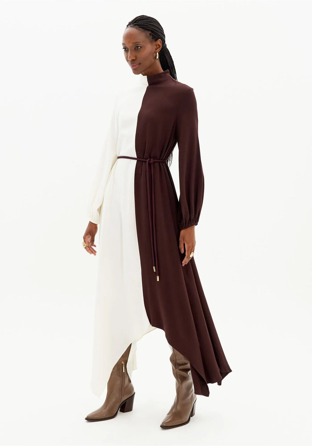 Long Bicolor Dress with Asymmetric Hem and Long Sleeves