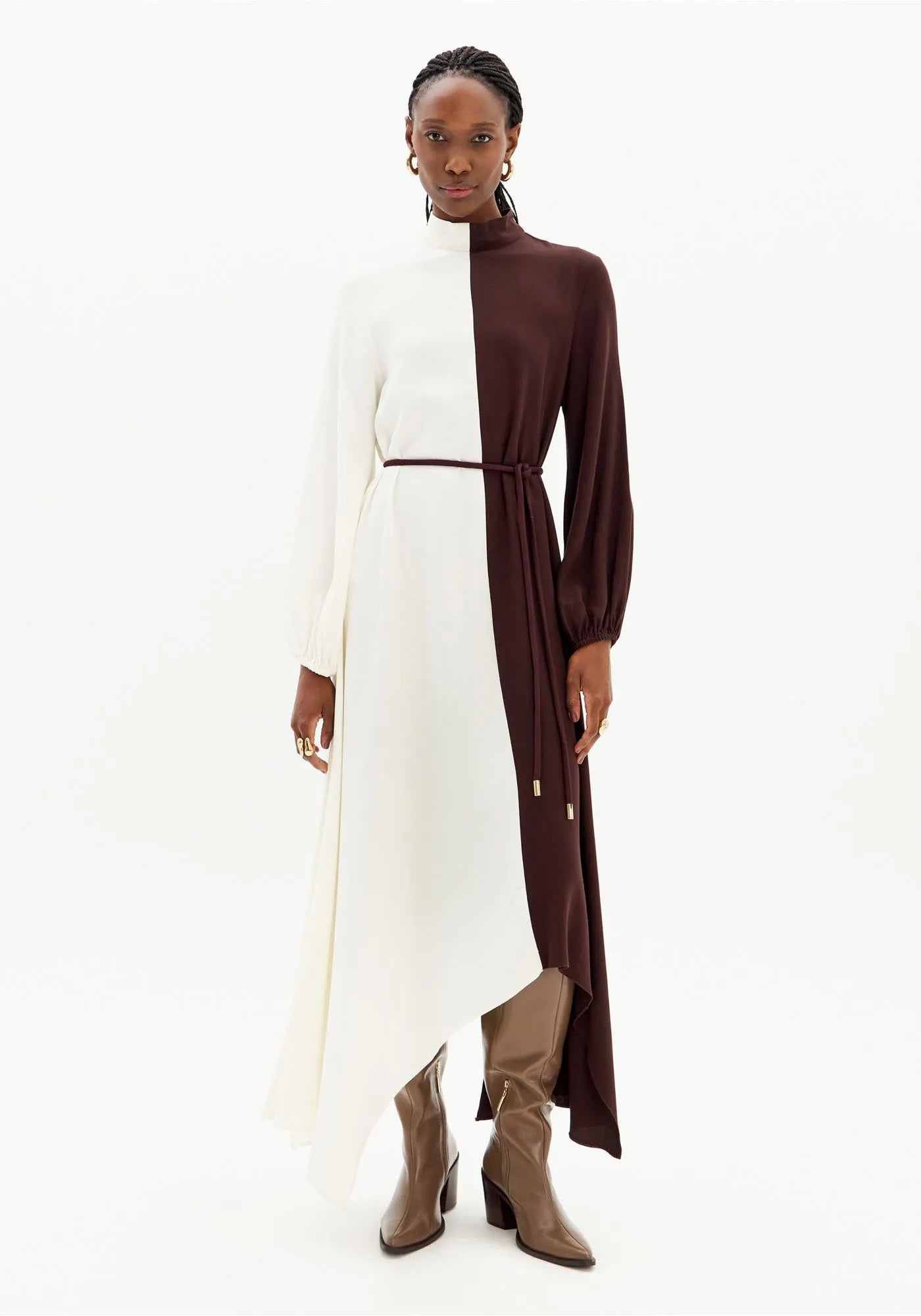 Long Bicolor Dress with Asymmetric Hem and Long Sleeves